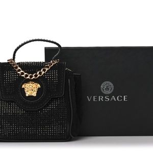 VERSACE Suede Crytstal Studded Micro La Medusa Bag Black